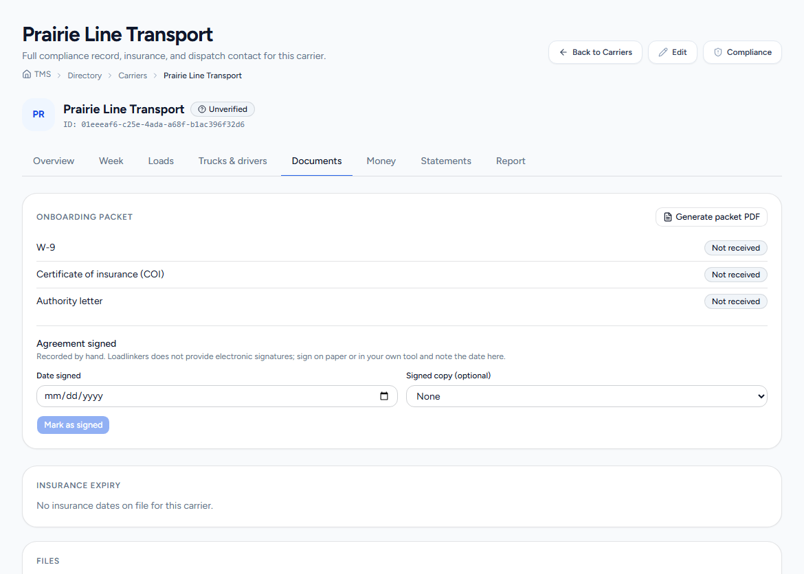 Loadlinkers carrier onboarding packet with a document checklist